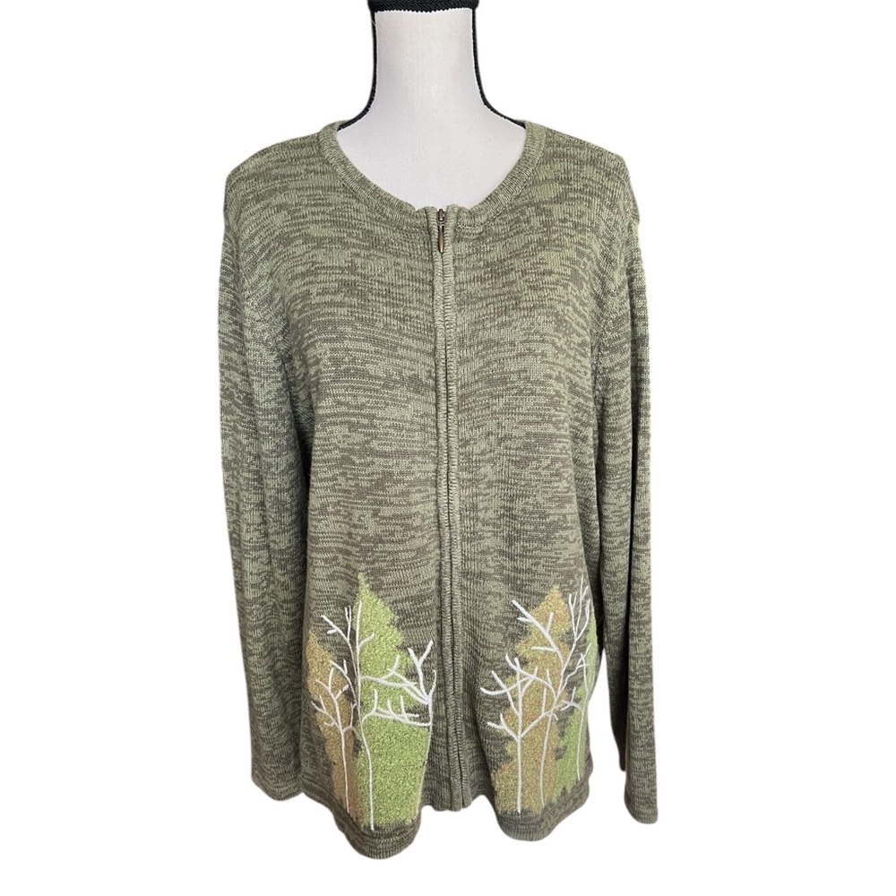 Vtg. embroidered winter scene wool blend sweater zip front cardigan Sz. 2X